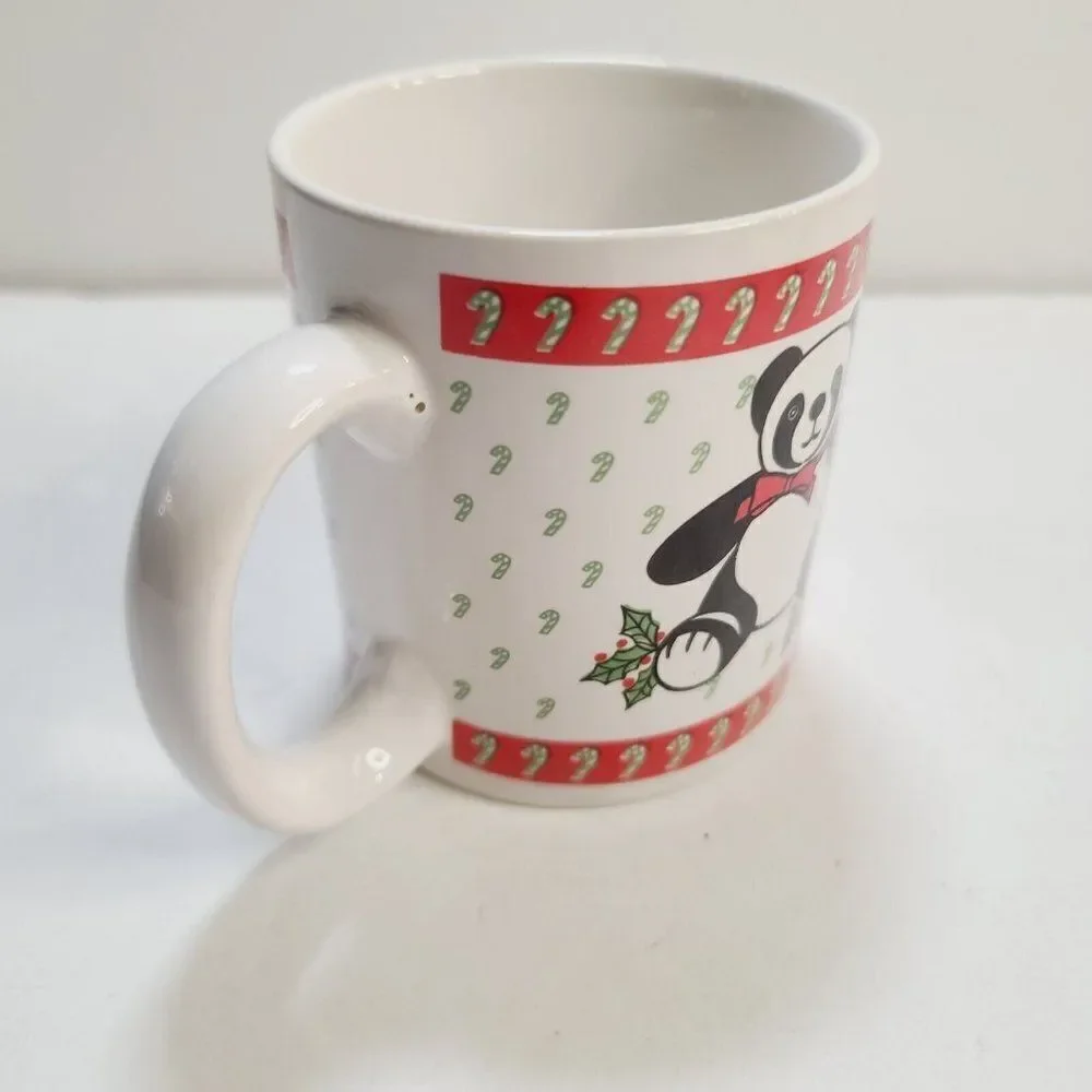 Vintage Kawaii Panda Bear Candy Cane Christmas Ceramic Coffee Mug
